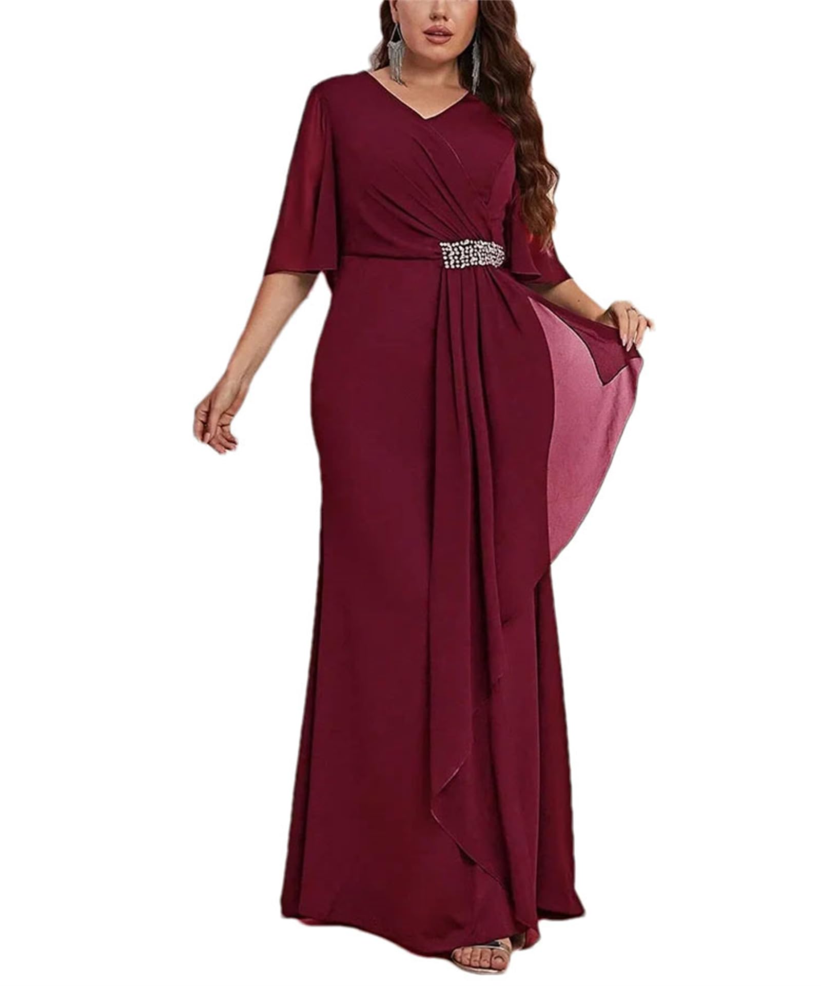 Damska sukienka wieczorowa w rozmiarze plus size, dekolt w serek, długość do ziemi, z krótkim rękawem, dla druhny, na studniówkę, wesele, przyjęcie koktajlowe, formalna sukienka