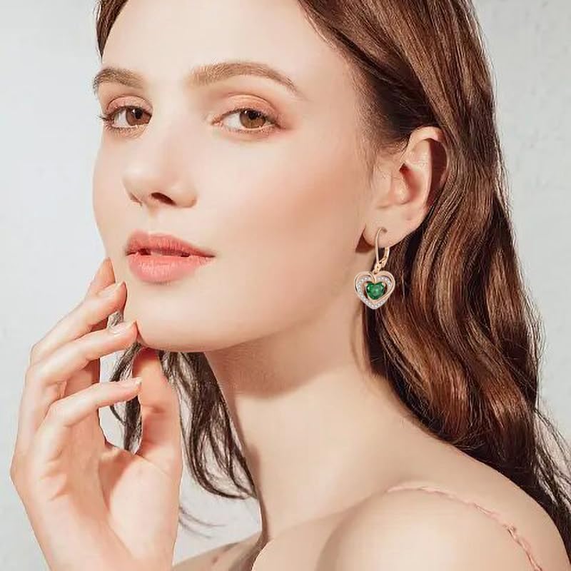 925 Sterling Silver Heart Birthstone Earrings for Women Dainty Dangle Drop Leverback Earrings with Rose Gold Plated 5A Cubic Zirconia Jewelry Birthday Gifts for Wife Her - Image 2
