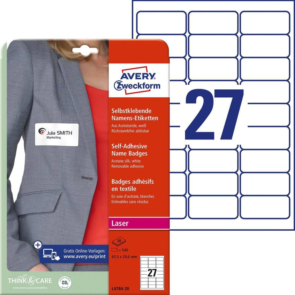 Avery Zweckform L4784-20 Name Labels 20 Sheets / 540 Labels / 63.5 x 29.6 mm White