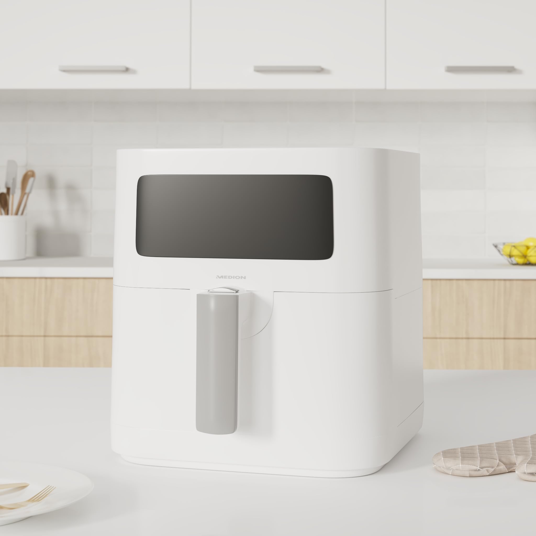 MEDION E40 XL Friteuse à air chaud (panier à friture XXL de 5,3 litres, 2 150 watts, 9 programmes automatiques, fonction cuisson, friture sans huile, panneau de commande tactile, affichage LED) blanc