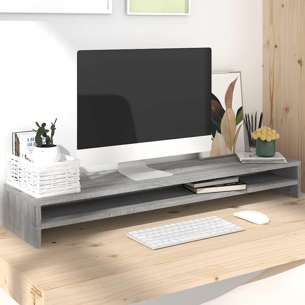 Supporto per monitor con scomparto integrato come organizer da scrivania per un design ergonomico della postazione di lavoro in casa e per il gioco, in legno