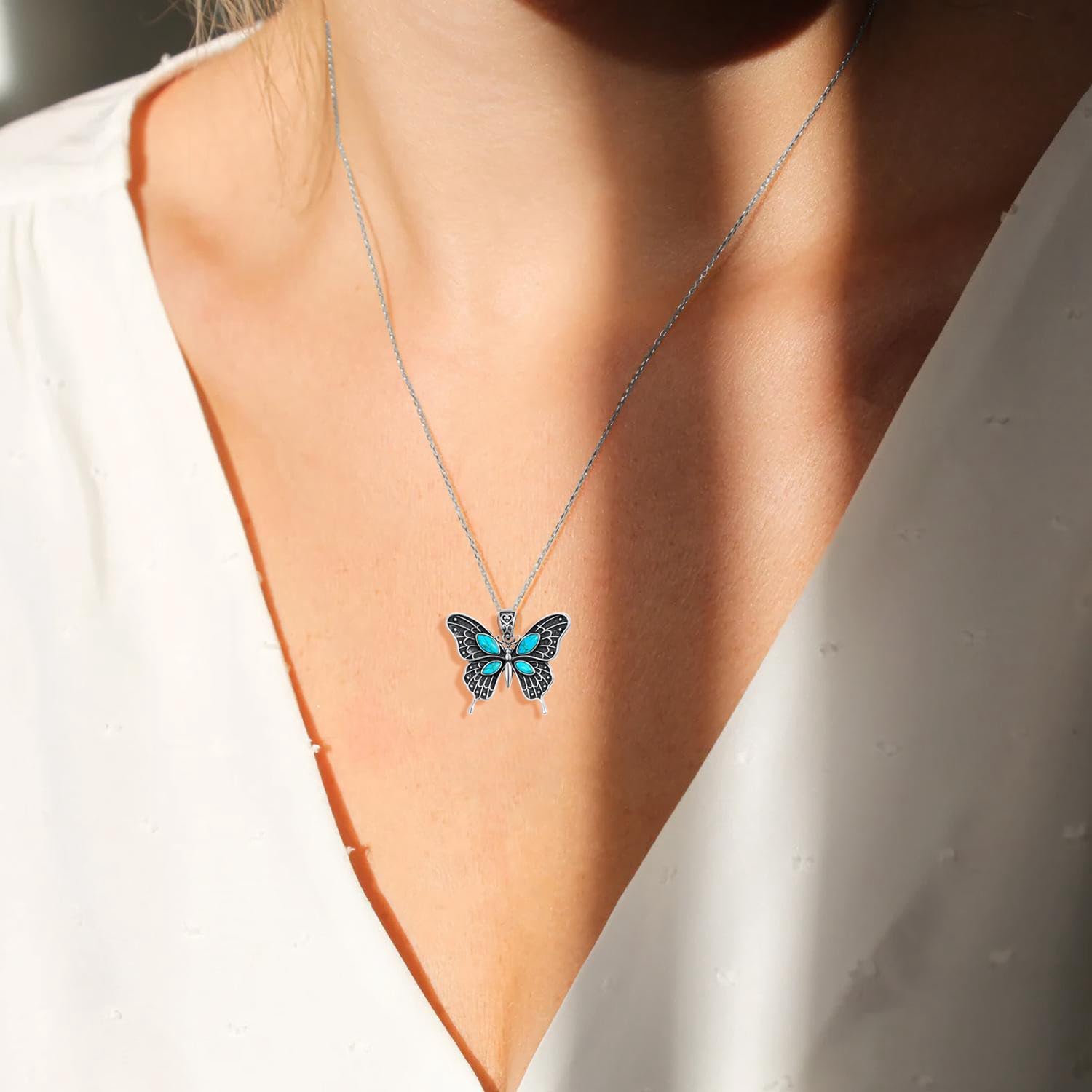 Genuine Turquoise Butterfly Necklace, Sterling Silver Vintage Native American Western Boho Gemstone Pendant Jewelry for Women - Image 5
