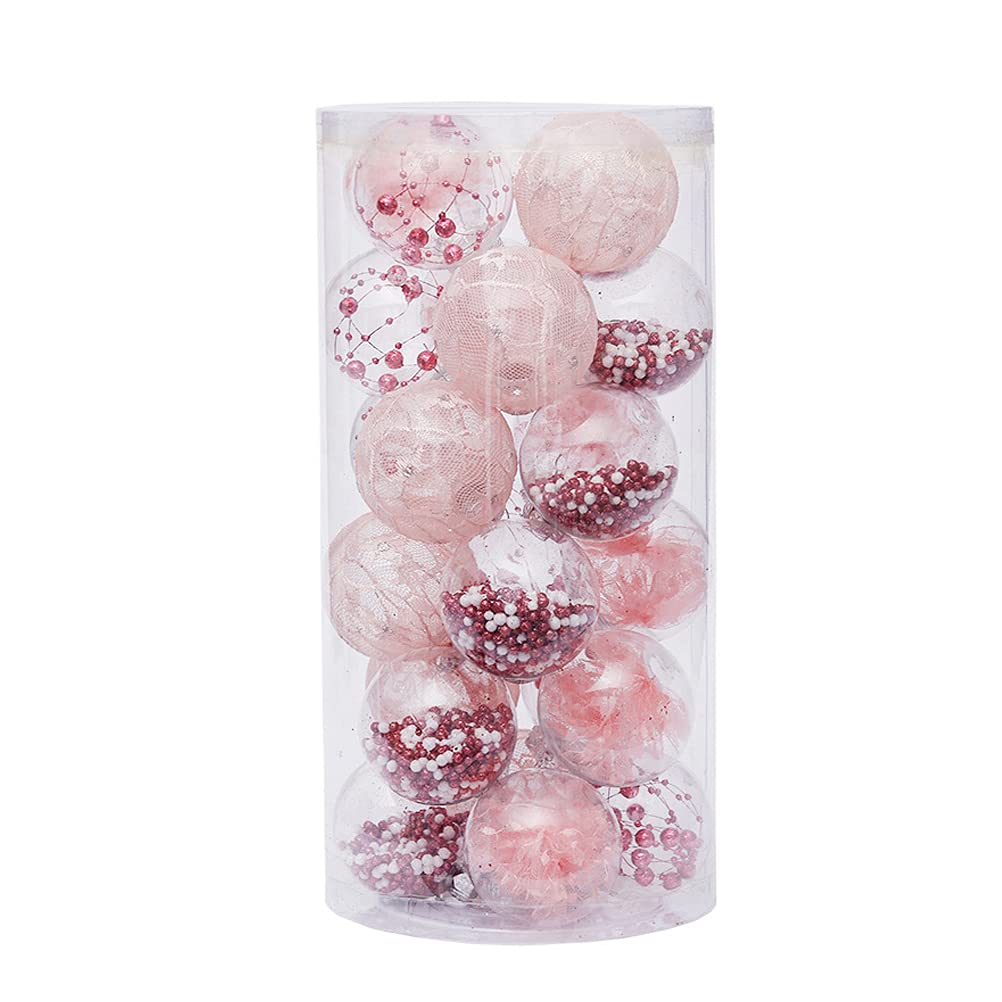 KJHSDNN 24 Pcs Assorted Christmas Ball Clear Filled Ornaments Shatterproof Seasonal Decorative Hanging Baubles Set Gift Package Holiday Tree Decorations,Pink,2.3 Inches Each