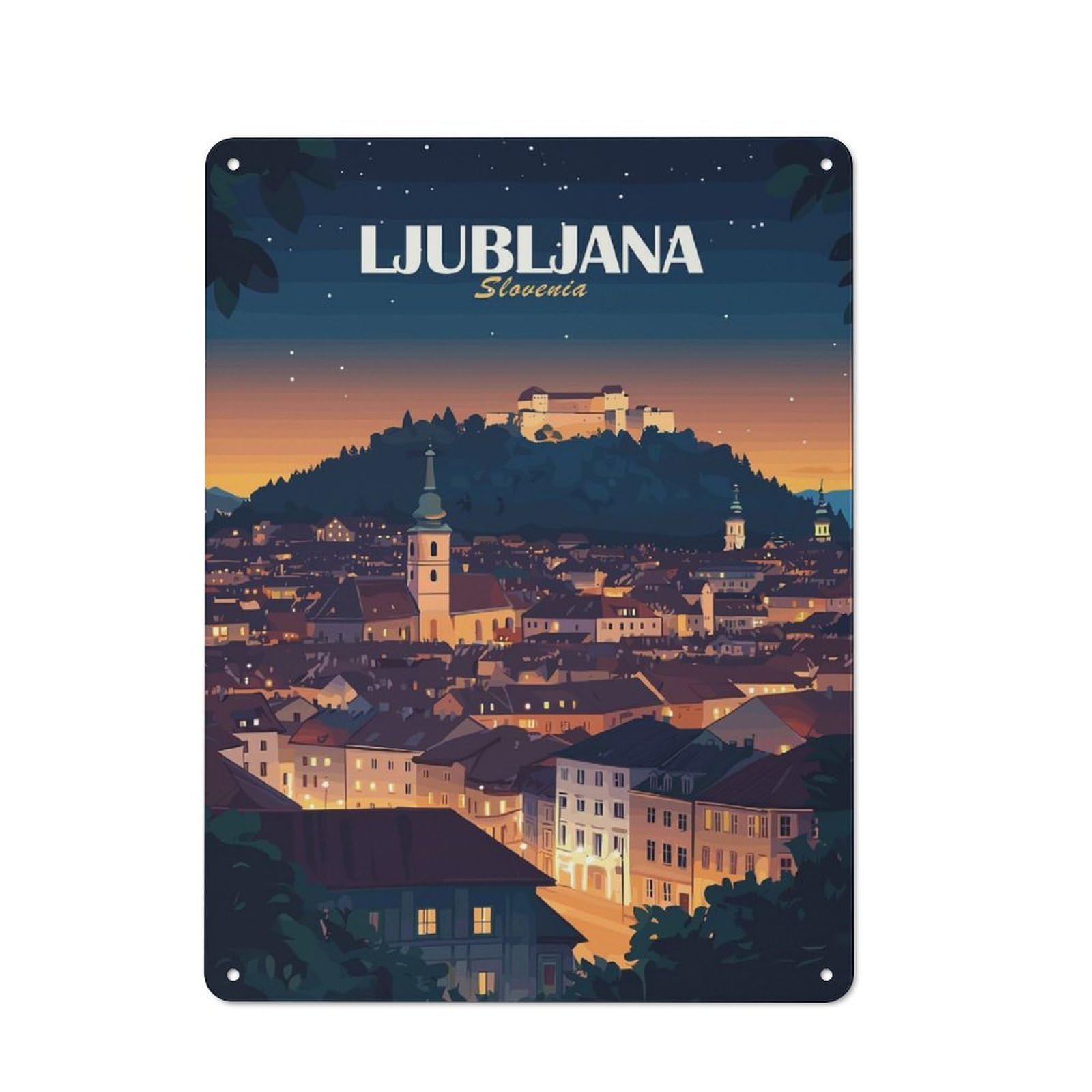 Ljubljana Slovenia Cityscape at Night Vintage Tin Sign 40x30cm, Nostalgic Retro Room Decor for Bedroom, Office, Home Bar Or Dining Room