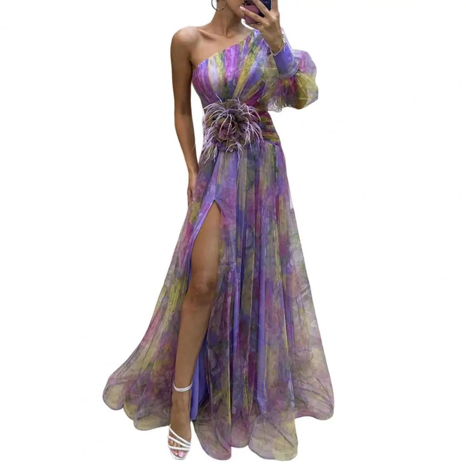 Vestidos Vestir Niña De Noche para Mujer Vestido De Baile con Dobladillo Dividido Y Malla Rosa con Estampado De Flores Tie-Dye En Capas Y Un Hombro