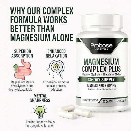 Miniatura 4 de Magnesium Complex Plus con malato de magnesio, glicinato, L-teanina y colina, fórmula de alta absorción 60 cápsulas Suministro para 30 días