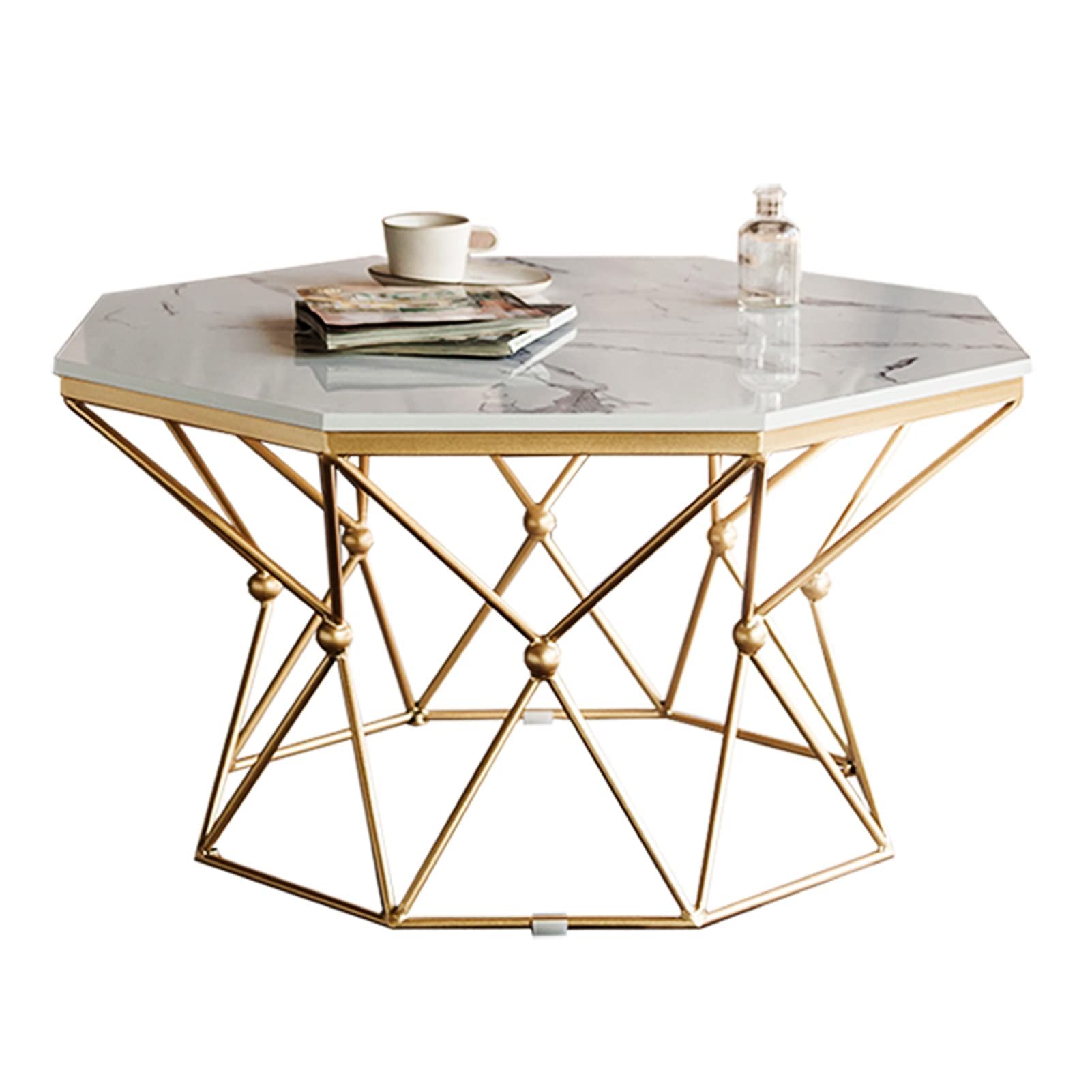 Table basse octogonale en marbre nordique et structure dorée haut de gamme