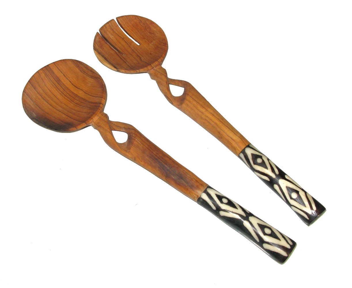 Twisted Olive Wood Salad Servers with Bone Handles