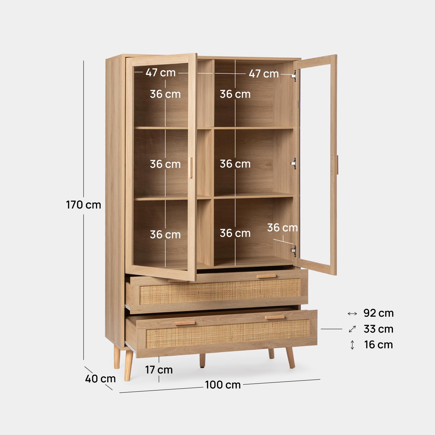 KLAST Vitrine en Bois et en Rotin Naturel avec Dos Portes Vitrees, Trois Etageres et Dos Tiroirs pour Le Rangement. Dimensions : 100 Cm x 170 Cm