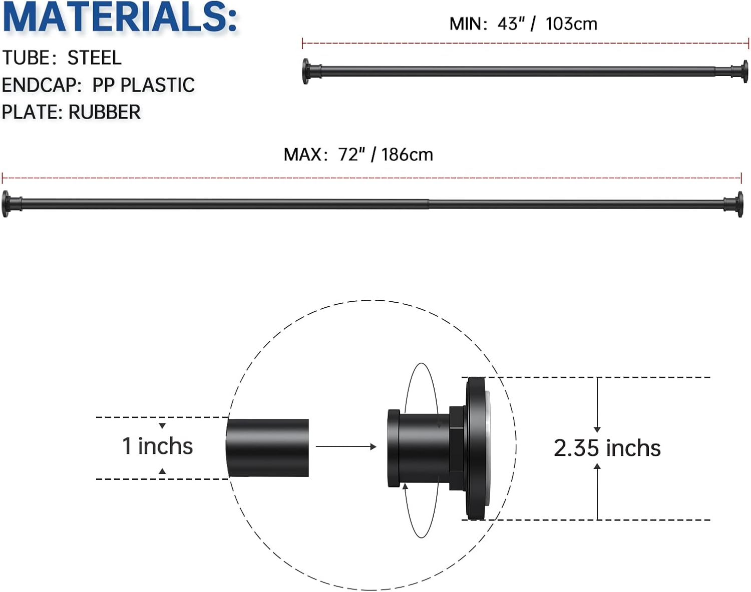 BRIOFOX Industrial Shower Curtain Rod - 2-in-1 Design Tension Curtain Rod - Never Rust Non-Slip 43 to 72 Inch Stainless Steel, Matte Black Window Curtain Rod
