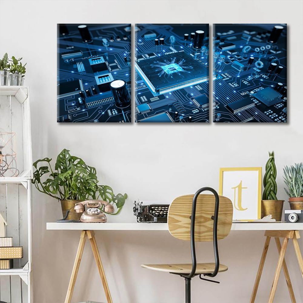 CPU Concept Canvas Wall Art Integrated Communication Processor Posters and Prints Bathroom Decor Wall Art 3 Panel Circuit Board Bedroom Poster Artwork Print on Canvas Framed Ready to Hang (36"Wx16"H)