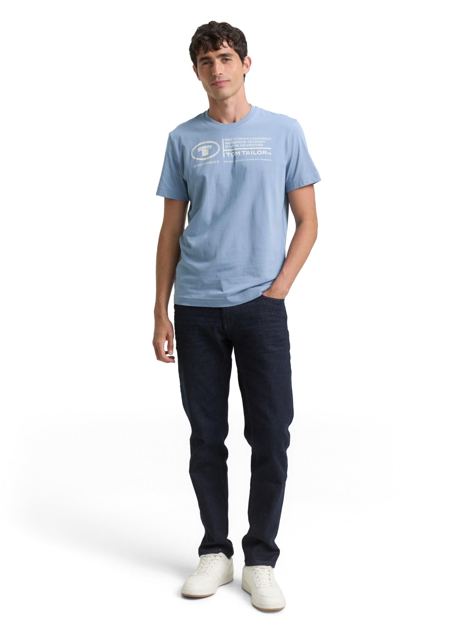 TOM TAILOR Herren Basic T-Shirt mit Print aus Baumwolle, Greyish Mid Blue, M – Ansicht 2
