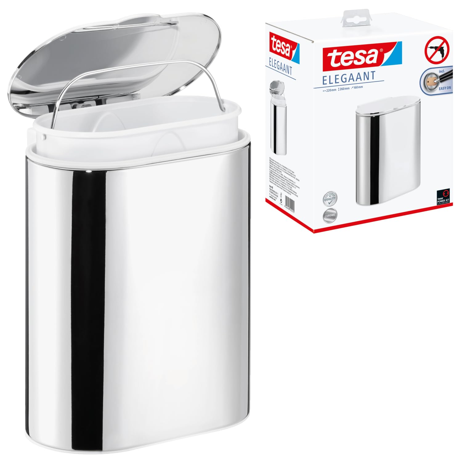 tesa ELEGAANT Kosmetikeimer - 220 mm x 260 mm x 160 mm | Rostfreier Badezimmer-Mülleimer zur Wandbefestigung ohne Bohren - aus verchromtem Metall