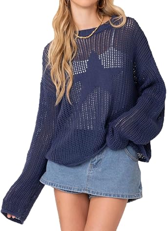 Vintage Star Knit Crochet Pullover Sweaters - Womens Casual Loose Hollow Out Smock Grunge Streetwear Jumper Tops