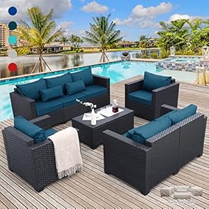 Rattaner Patio Furniture Set 5 Pieces Outdoor Furniture Sets Patio Couch Outdoor Chairs Coffee Table Peacock Blue Anti-Slip Cushions and Waterproof Covers Rattaner Patio Furniture Set 5 Pieces Outdoor Furniture Sets Patio Couch Outdoor Chairs Coffee Table Peacock Blue Anti Slip Cushions and Waterproof Covers