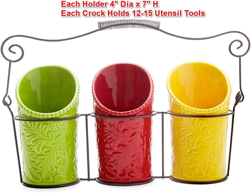 Kitchen Utensil Holder Set (4 Pieces) - 3 Ceramic Crocks & 1 Portable Wire Caddy - Multi-Color