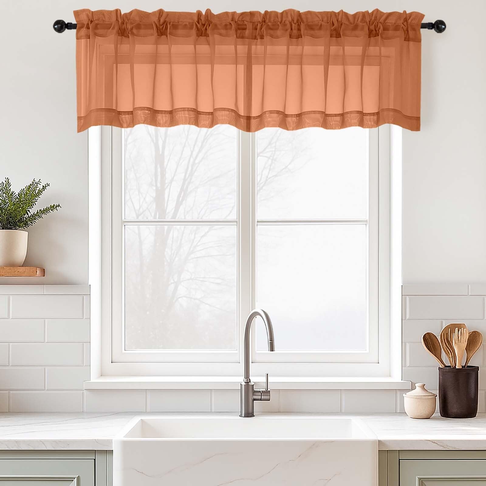 Ebesto Orange Valances for Windows 14 inch Length 2 Panels Set, Small Voile Sheer Curtains for Bathroom, Soft Fabric Lightweight Light Filtering Kitchen Curtains, Dual Rod Pocket, 2x42Wx14L Inches โ image 1