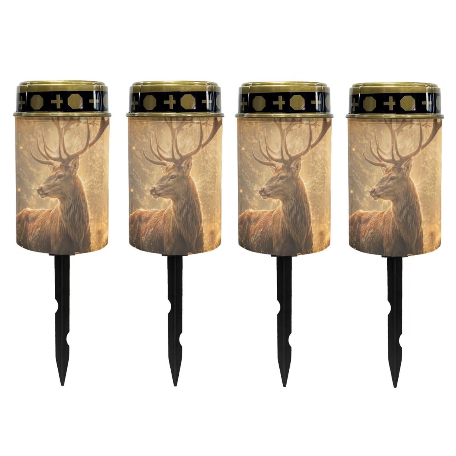 Poceacles Flameless Candle Solar Powered Grave Outdoor Lights Cemetery Candle Flameless Fake LED Pillar Lights Outdoor Waterproof Lawn Decoration, Deer Print, Pack of 4