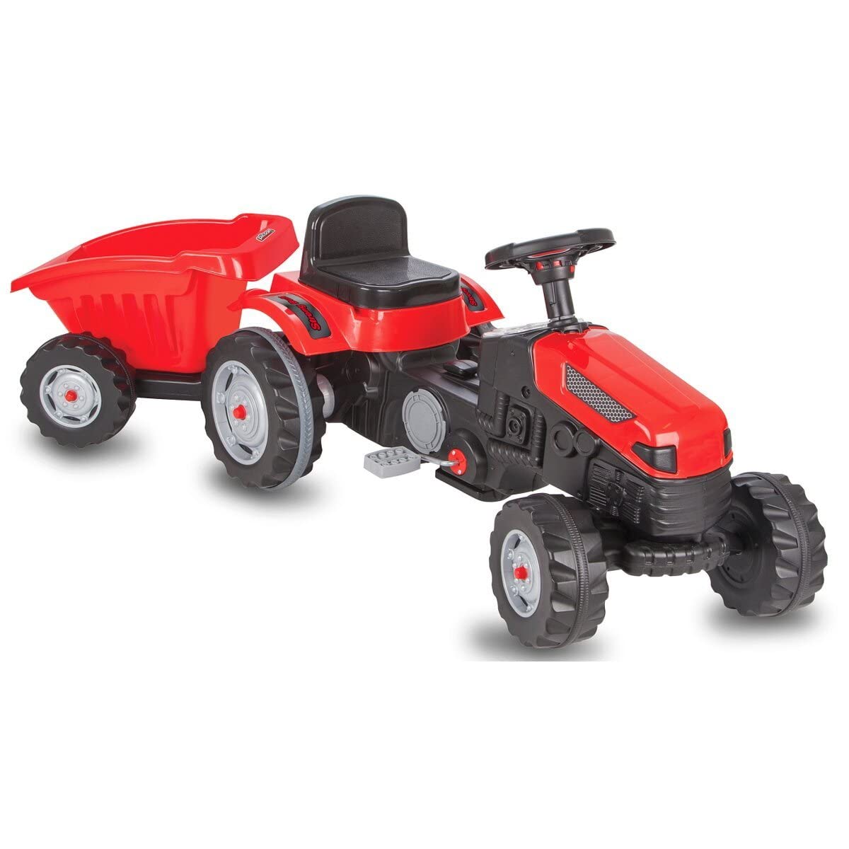 JAMARA 460825 - traktor na pedały Strong Bull z przyczepą – zabezpieczenie przed przewróceniem, napęd poprzez pedały, płynnie poruszający się system kierownicy, regulowane siedzisko, klakson,