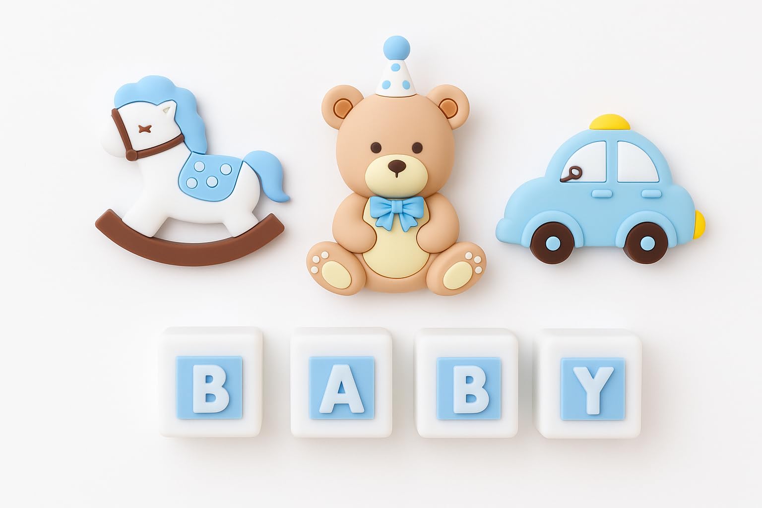 7Pcs Baby Shower Cake Topper Set, Blue Teddy Bear, Rocking Horse, Toy Car & BABY Letter Cubes - Image 2