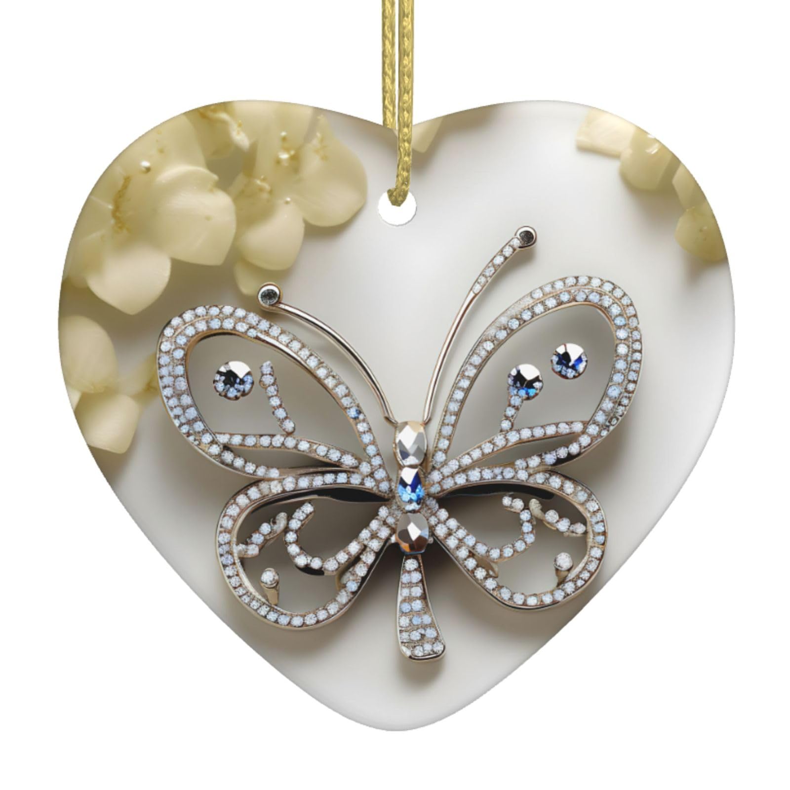 Nbtghga White Rhinestone Butterfly And Flower Print Christmas Ornaments, Ceramic Hanging Ornament, Xmas Tree Decoration, Holiday Home Decor