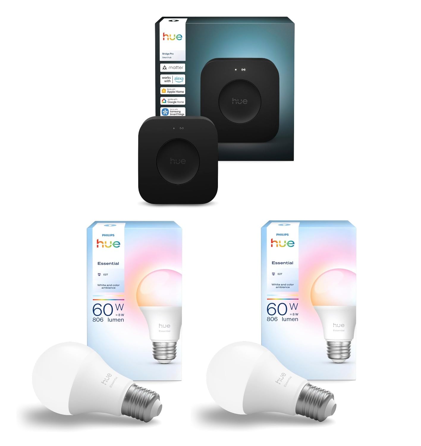 Philips Hue Bundle – 2x White & Color Ambiance 806 lm A60 E27 LED Smart Lampen + Hue Bridge Pro | Smarte Beleuchtung, WLAN-Steuerung, Kompatibel mit Alexa & Google Home