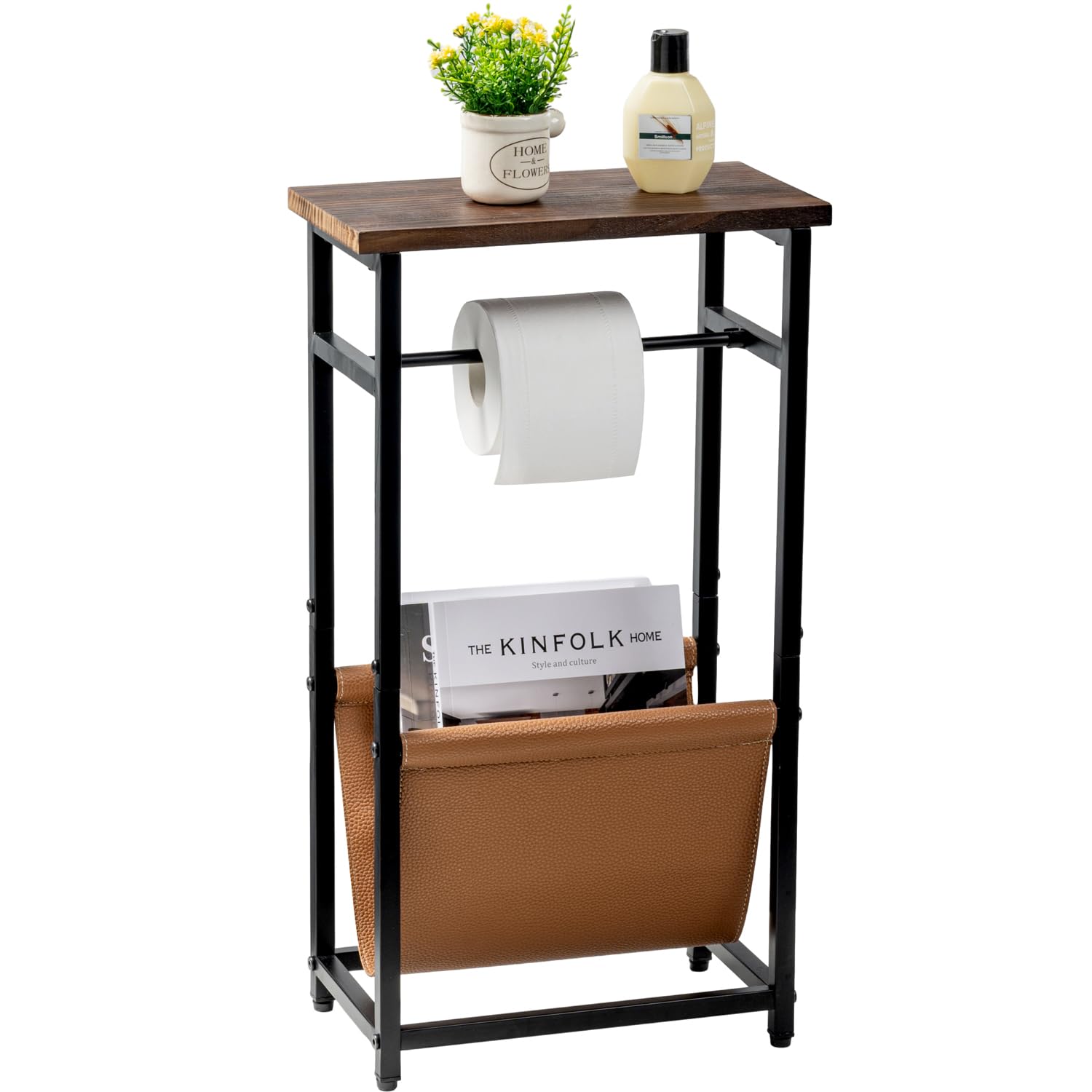 MyGift Modern All-in-One Freestanding Bathroom Rack with Rustic Burnt Solid Wood Shelf, Brown Leatherette Magazine Storage Sling, and Black Metal Toilet Paper Holder