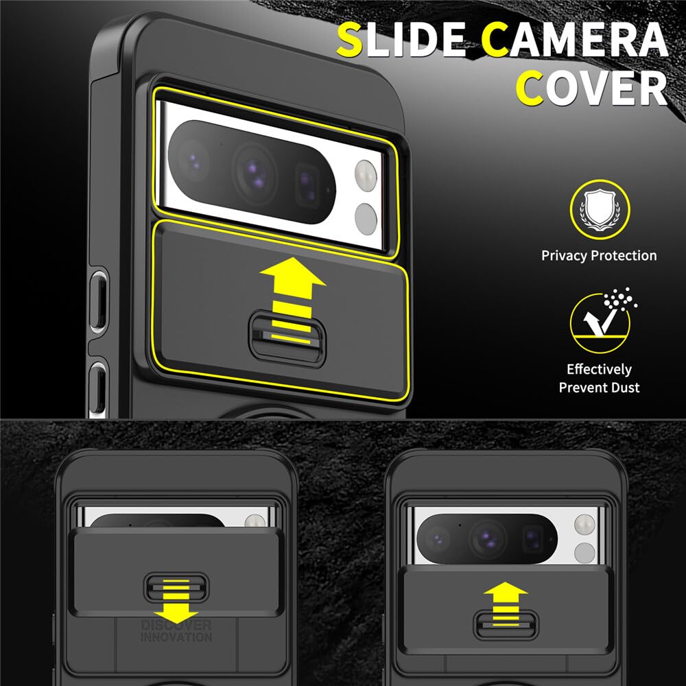 Generic Funda compatible con Google Pixel 10 Pro XL (color: amarillo) funda de metal con soporte deslizante para cámara trasera dura de silicona dura