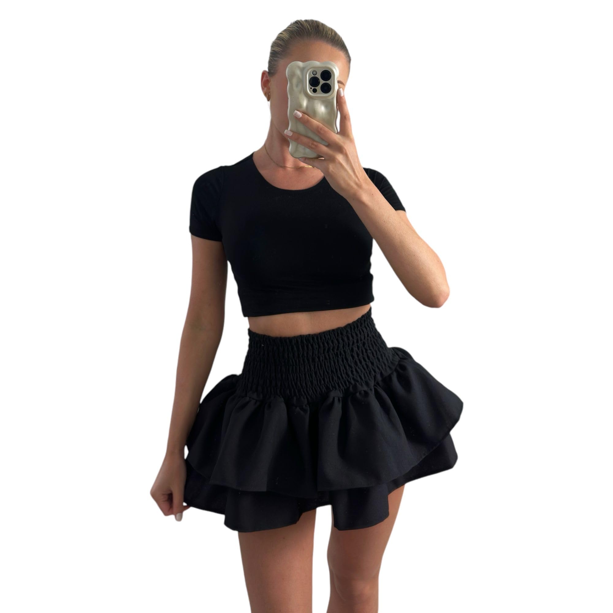Gostyles Women's Plain Black Gostyles® High Waisted Frill Mini Rara Short Skirt - Tartan Check Pleat Gathering Mini Party Skirts (, 10)