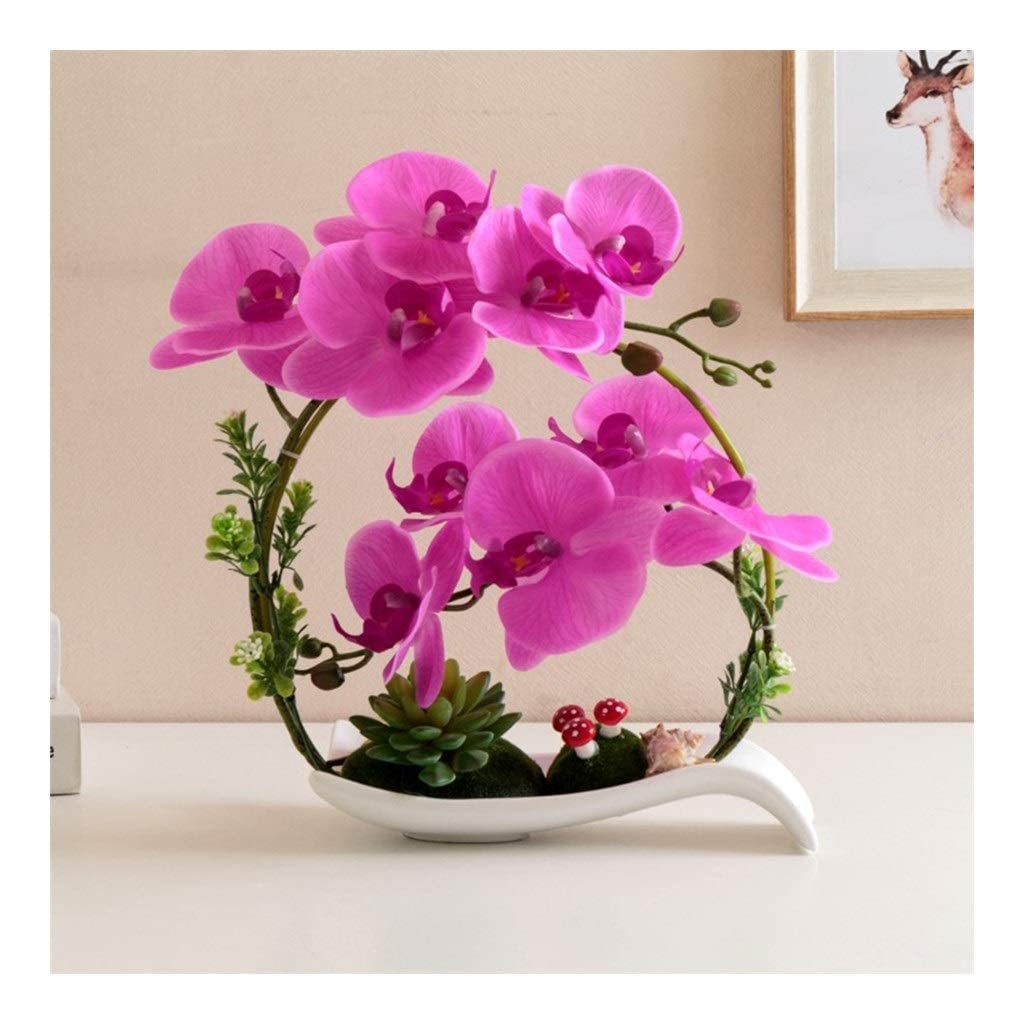 Sjdopulse Purple Artificial Flowers Artificial Orchids Decoration - Real Texture Phalaenopsis Flower Bonsai Round Shaped Faux Orchids With Leaves Stem Decor With Vase For Home/Kitchen/Bedroom/,