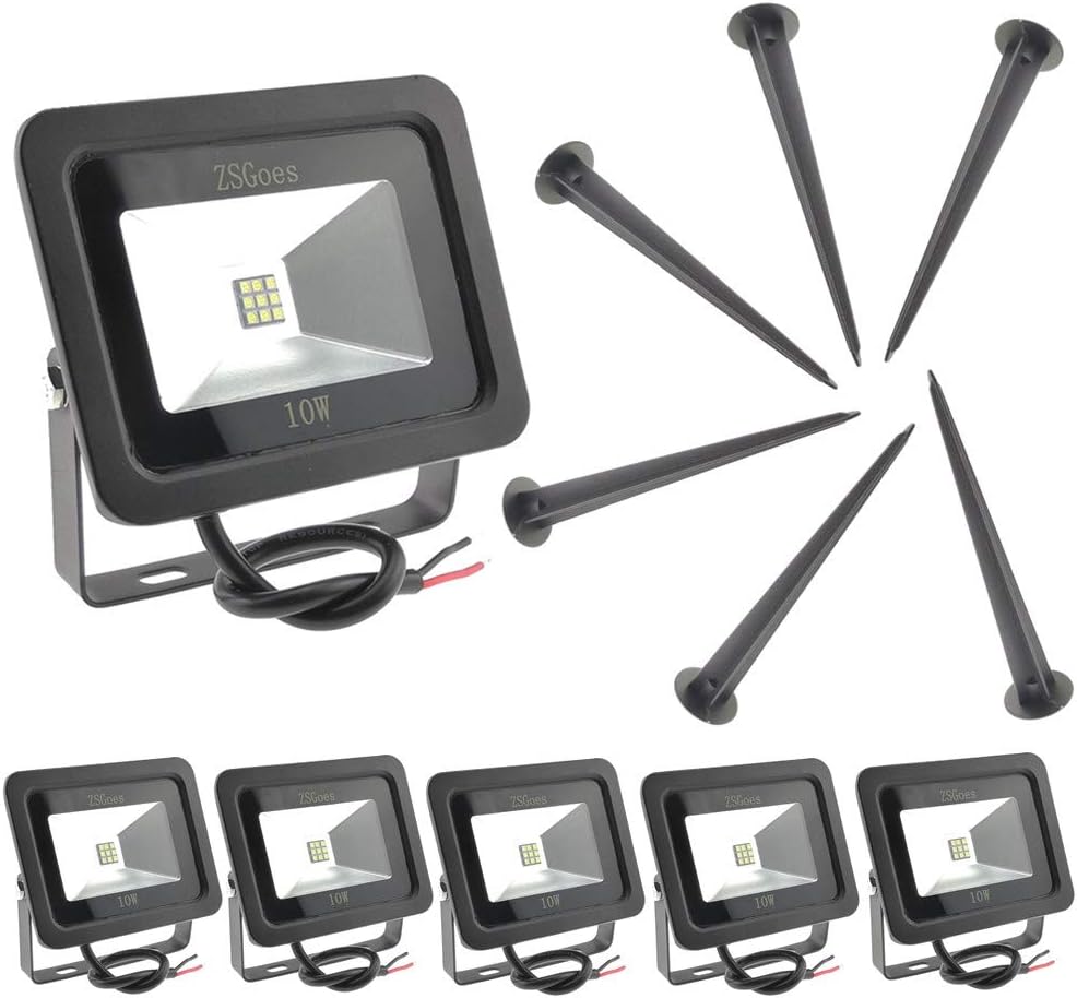 6 Pack Cool White 10W LED Flood Light Outdoor Waterproof IP65, Wall Security Landscape Lamp, Home, Square, Yard, Garage, Street, Pathway, Spike Stand, Low Voltage 12V 24V 36V 48V 60V DC AC