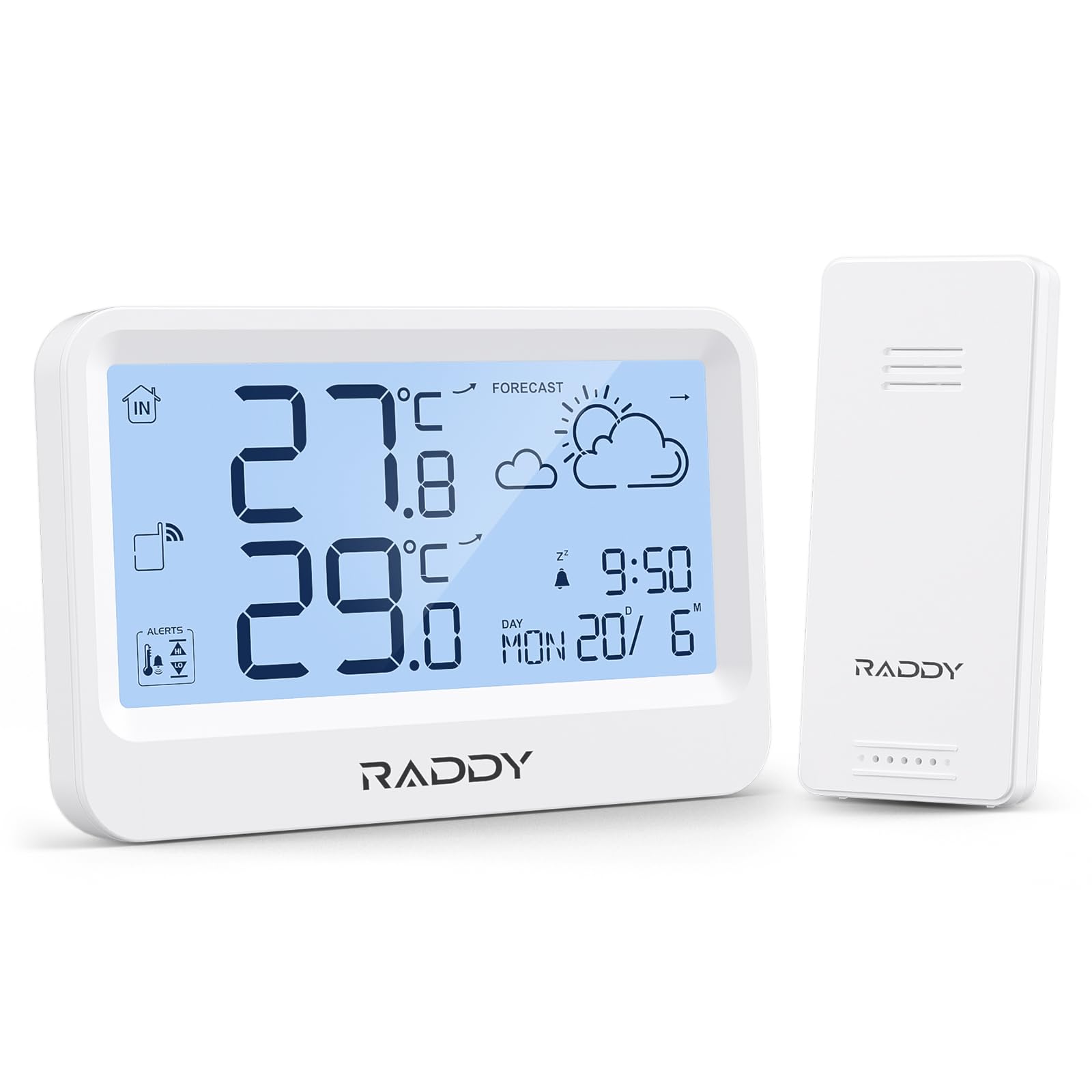 Raddy WF-60 Cyfrowa Stacja Pogodowa do Domu, Termometr Wewnętrzny i Zewnętrzny z Prognozą Pogody, Monitor Temperatury z Alarmem Mrozu, Budzik, Zasilanie Bateryjne, do Domu i Ogrodu