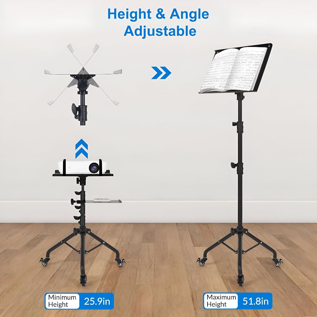 Powerpak WPH-06 4.5ft Adjustable Laptop Tripod Stand with Wheels | Heavy-Duty Projector Floor Stand with 2 Shelves for Projector Tripod Music, Office Home Portable Laptop 1
