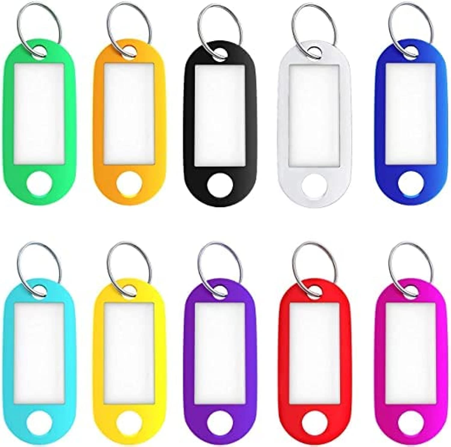 AQSON Key Tags, 50 Pack Tough Plastic ID Labels Keyring Keychain with Split Ring and White Label - Assorted Colors