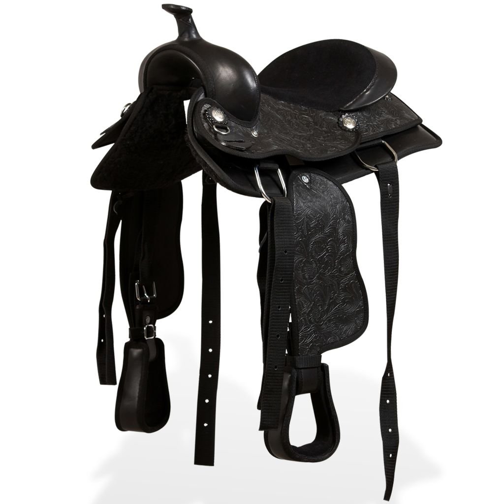 Mengtu Western Saddle. Headstall&Breast Collar Real Leather 12" Black Saddles
