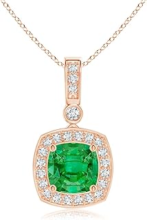 Angara Natural Cushion Emerald Pendant/Necklace with Diamond Halo in 14K Solid Gold/Platinum for Women | May Birthstone Je...