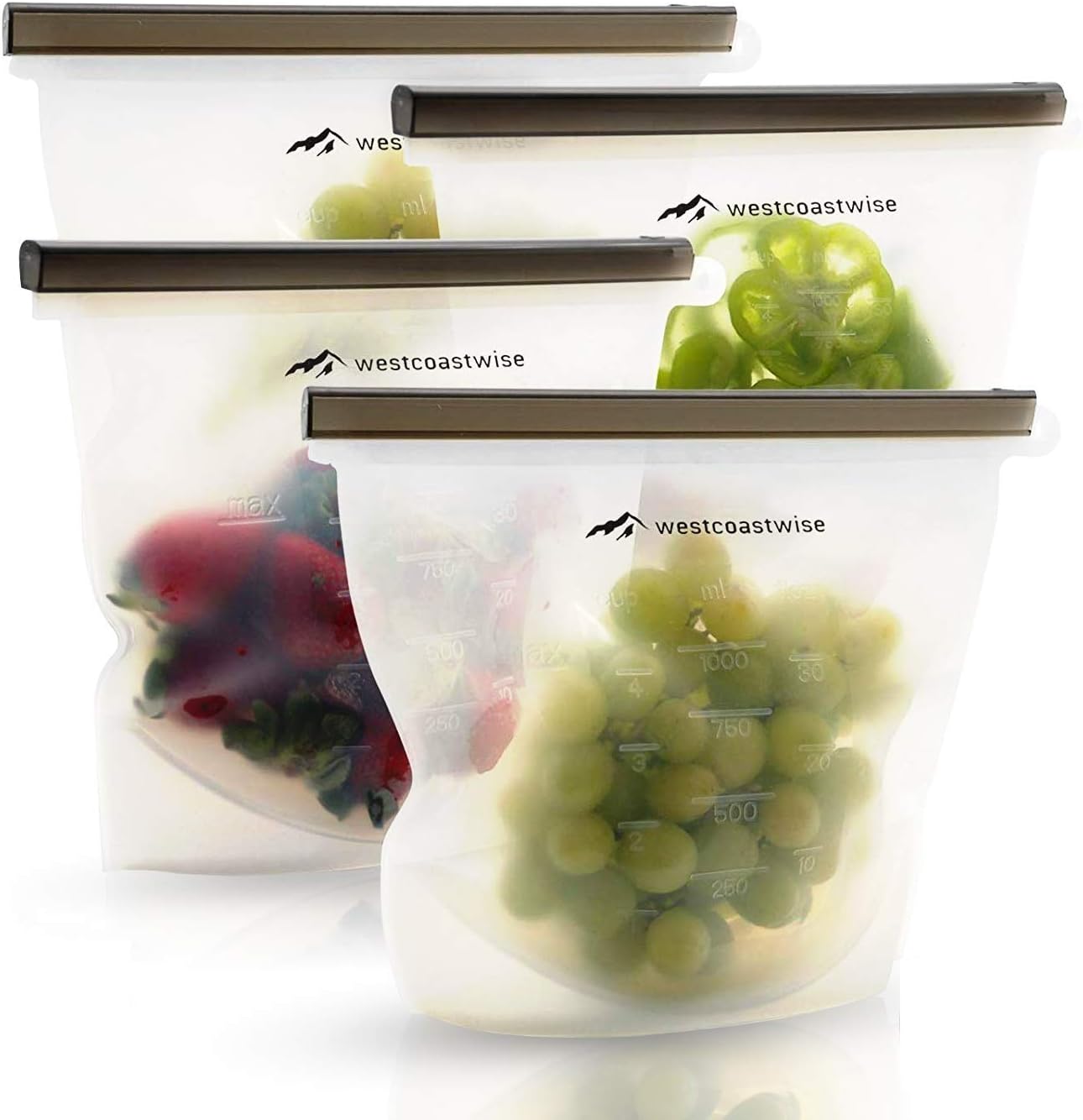 WestCoastWise Reusable Silicone Food Storage Bags (4-Pack) Airtight, Leakproof Preservation System | Cooking, Sous Vide, Leftovers, Steam or Meal Prep | Microwave, Freezer Safe