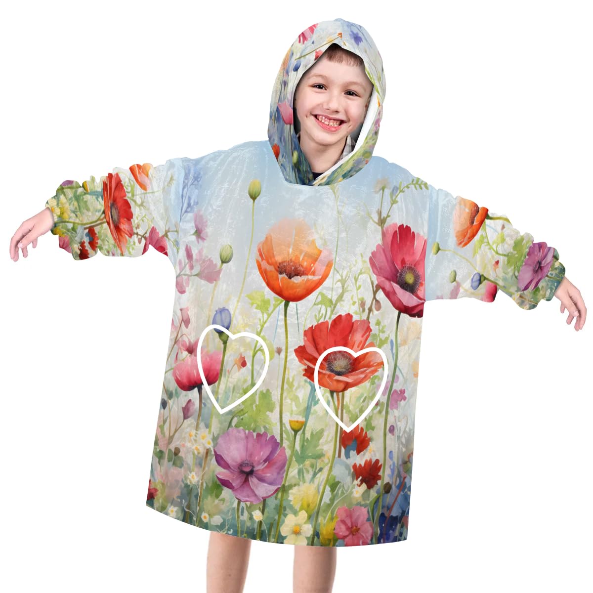 Wearable Blanket Hoodie for Kids, Modern Florals Fleece Sweatshirt Blanket Oversized Blanket Sweatshirt with Pocket Flannel Warm Hooded Blanket 6-10 Year Old Girl Boy Gift, One Size