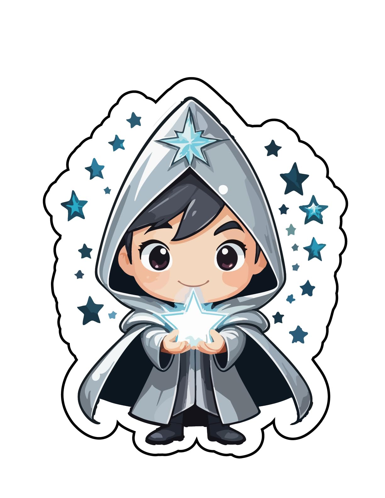 Set of 3 - Cute Magical Star Wizard Vinyl Decal Sticker, Anime Style, Gray and Blue,Auto, Wall, Laptop, Cell, Truck Sticker for Windows, Cars, Trucks,