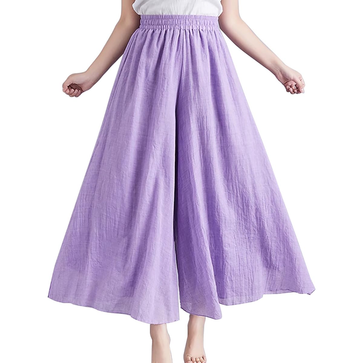 Flowy Wide Leg Pants Linen Blend Elastic Waist Layered Palazzo Pants