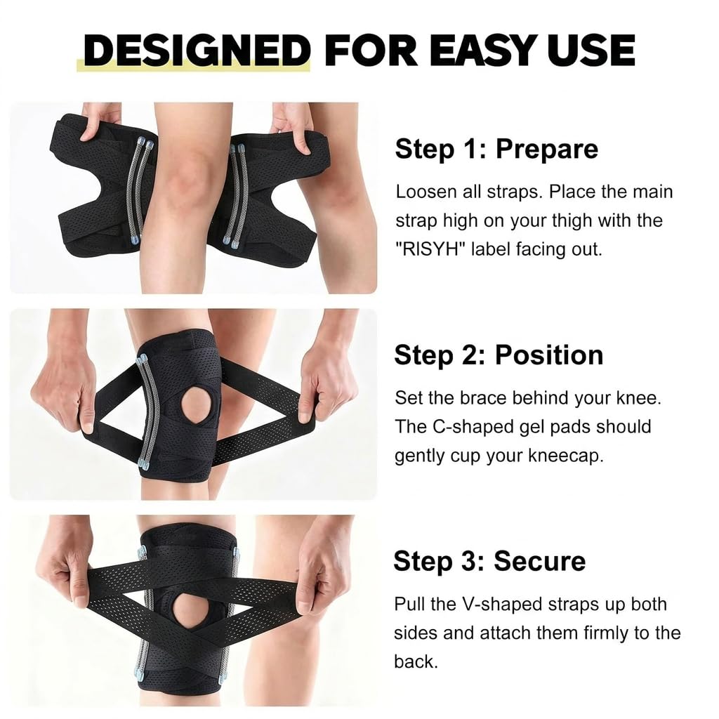 Meniscus Knee Brace for Women & Men, Knee Support with Side Stabilizers, Meniscus Tear Pain Relief for ACL & Arthritis, Adjustable Patella Stability Strap with V-Straps Design (Medium)