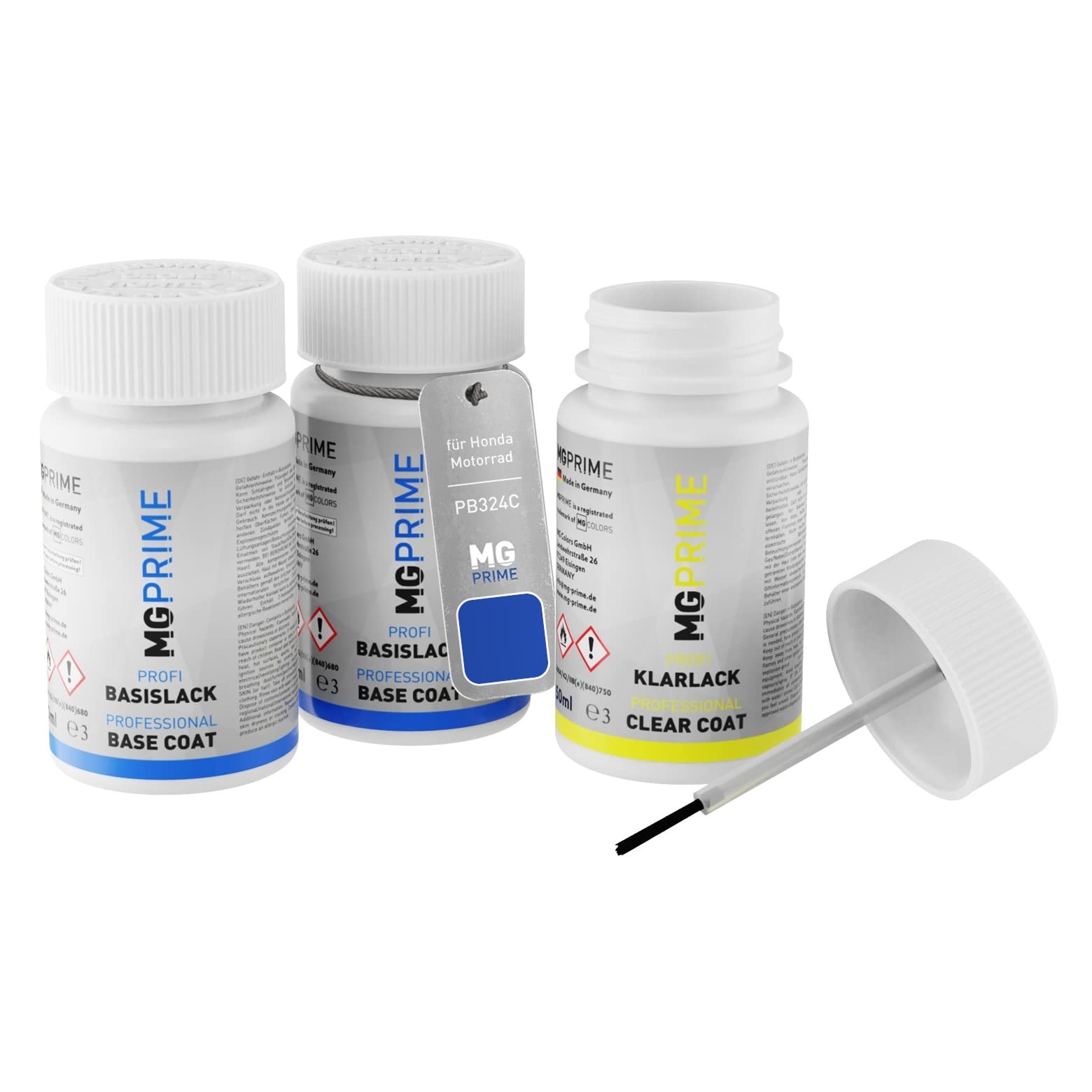 MG PRIME Vernice per moto Kit stilo di ritocco per Honda Motorrad PB324C Blue Metallic Vernice di fondo vernice di base vernice trasparente ognuno 50ml