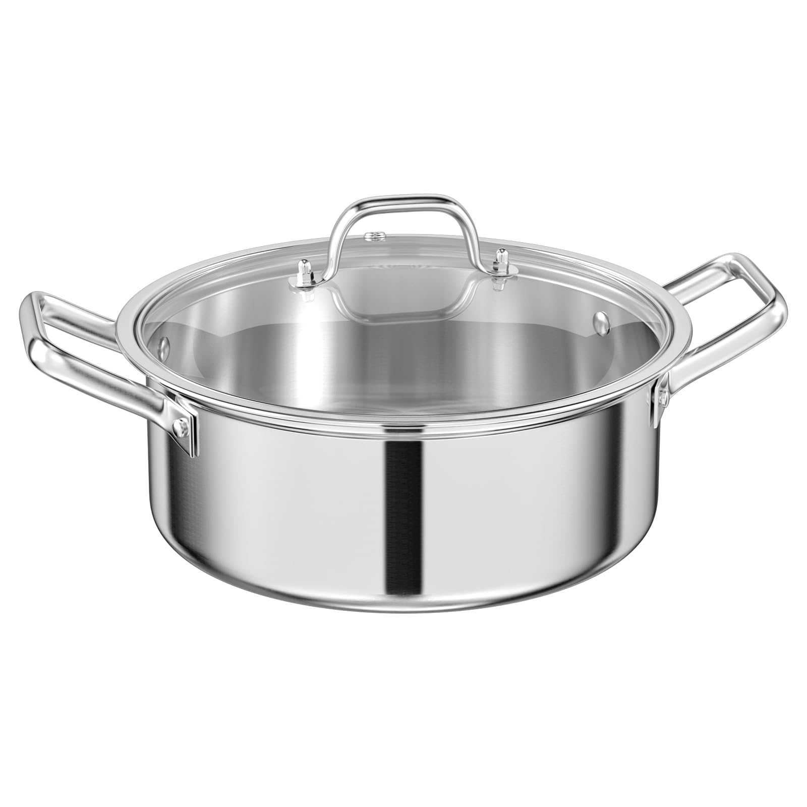 Casseruola Acciaio Inox 28 cm, Padella per Stufare 6 L, Tegami Bordo Alto 3 Strati, Pentola Bassa con Coperchio in Vetro, per Tutti i Tipi di Piano Cottura, Lavabile in Lavastoviglie