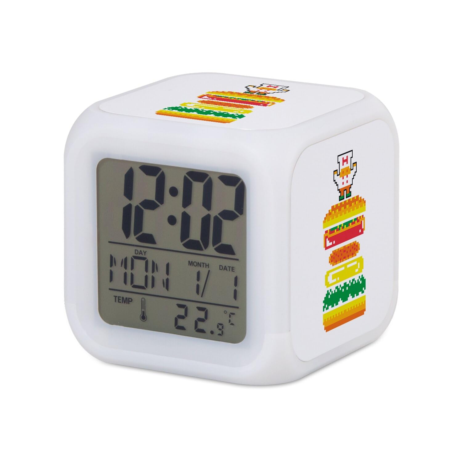 Fabulous Pixel Burger Retro Gaming Arcade Video Games 1980 Pixel Art Light Cube Alarm Clock - 8 x 8 x 8 cm - Retro Lighting Multi-Coloured LED