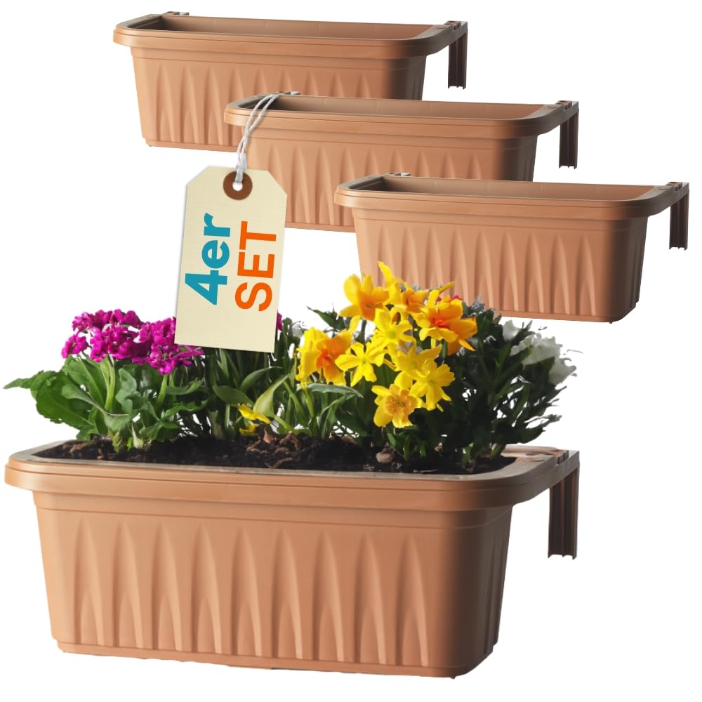 GarPet 4er Set Blumenkasten Balkongeländer Balkon Blumenkasten Balkonkasten mit Halterung Balkonkasten Geländerkasten mit Wasserspeicher 60 cm Terrakotta
