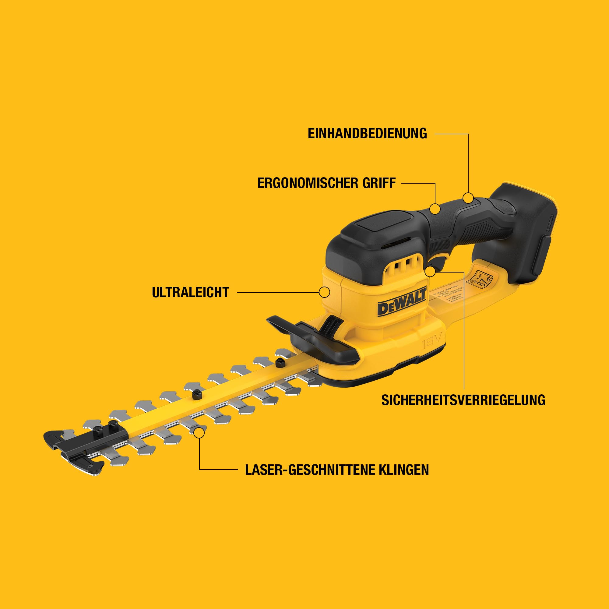DEWALT Kompakte Heckenschere 18 V XR 20 cm mit vollflächiger Klingenhülle und Aufhängehaken. Leicht, Präzisionsklingen, XR-kompatibel, nur Werkzeug, DCMHT520N-XJ