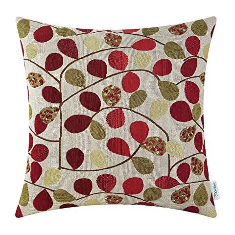 CaliTime Cushion Cover Throw Pillow Case Shell for Couch Sofa Home Decoration Luxury Chenille Cute Leaves Both Sides 40cm x 40cm Ecru Red Cover