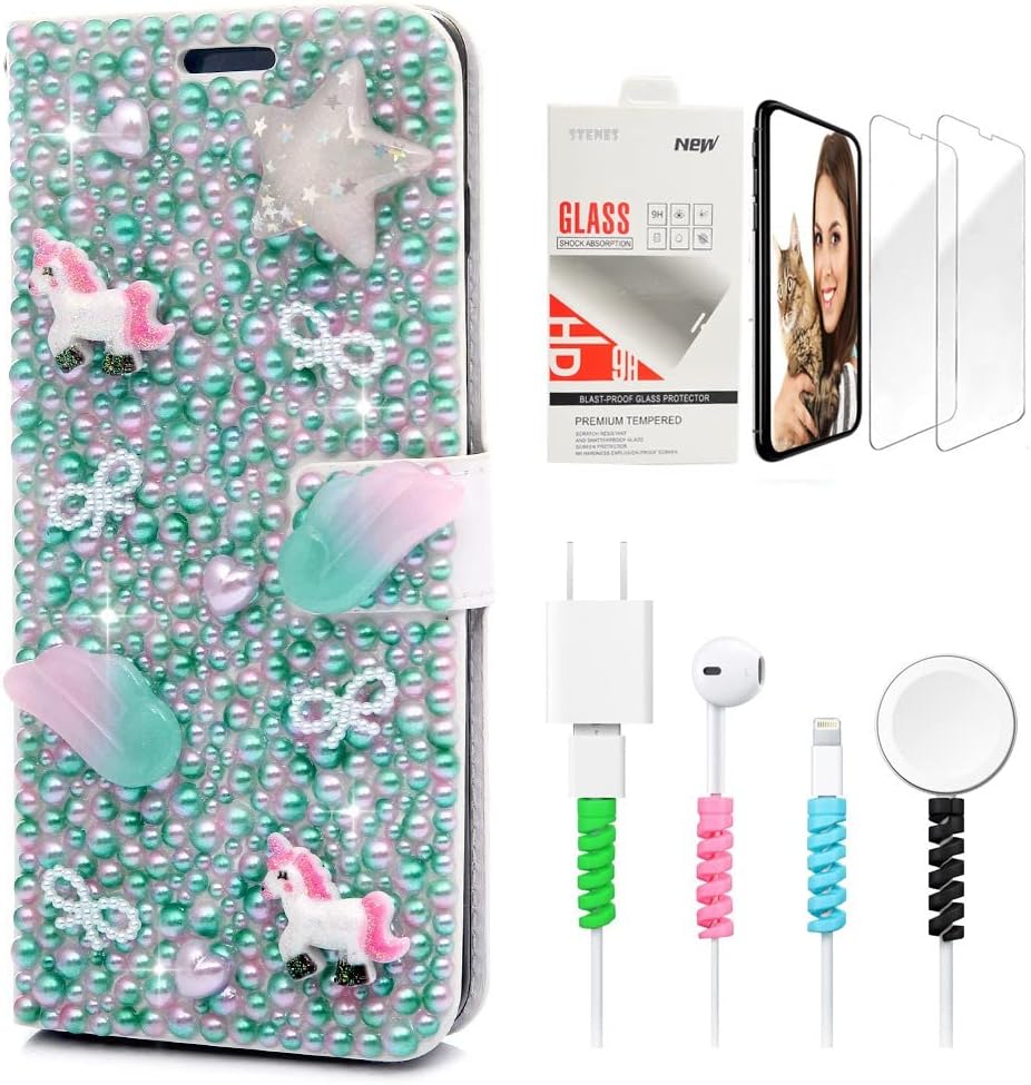 STENES Bling Wallet Phone Case Compatible with Moto G Play 2021 Case - Stylish - 3D Handmade Crystal Unicorn Star Bowknot Wallet Leather Cover with Screen Protector & Cable Protector - Fantasy