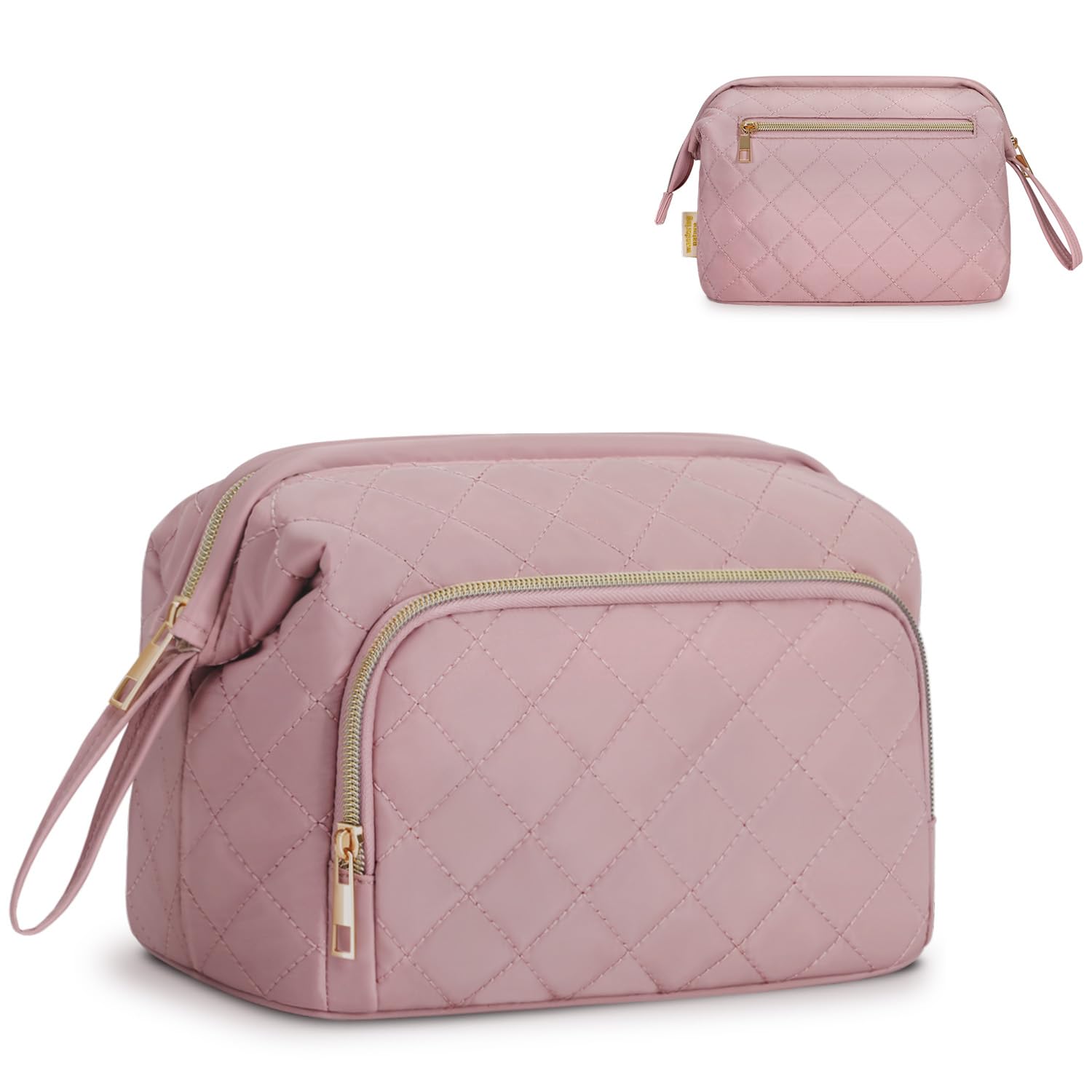 Wandering Nature Large Makeup Bag Cosmetic Organizer for Travel, Quilted Wash Bag for Women, Wide-Open Water-Resistant Toiletry Bag, Pink (Patent Pending)