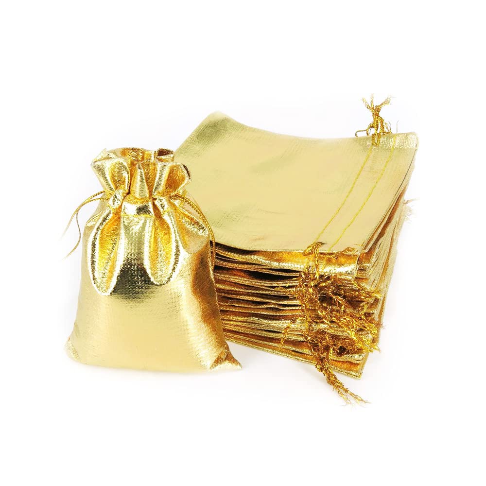 SKYPRO 100Pcs Drawstring Bags Organza Jewelry Bags Storage Pouches Candy Gift Bags for Jewelry Christmas Party Wedding Favors (Golden 9x12mm)